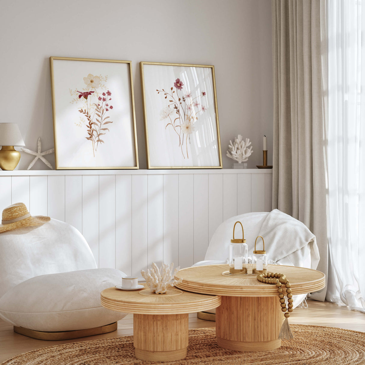 Set of 2 watercolor burgundy, beige, brown flower poster for autumn boho home decor.