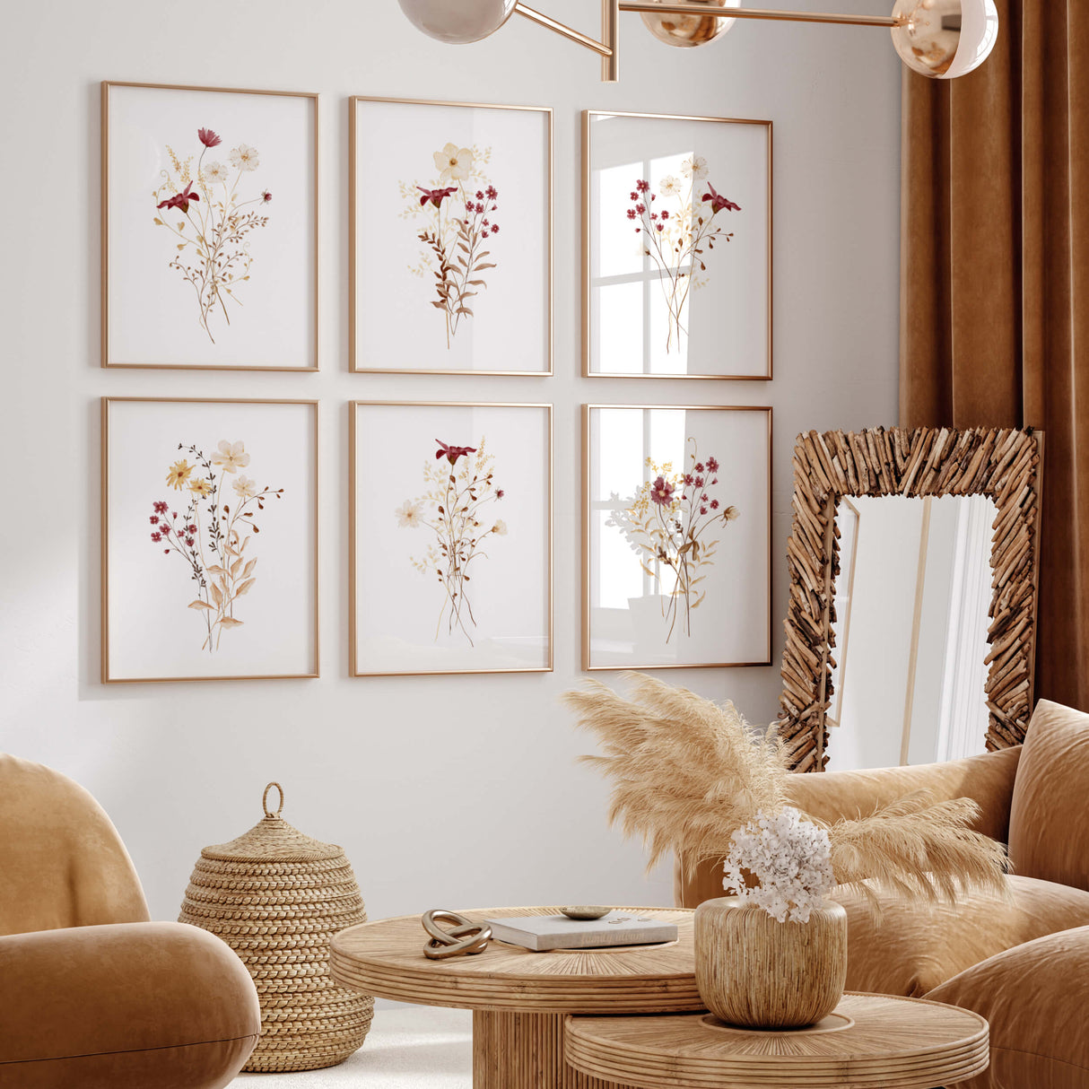 Set of 3 watercolor burgundy, beige, brown wild flower printable for autumn home decor.