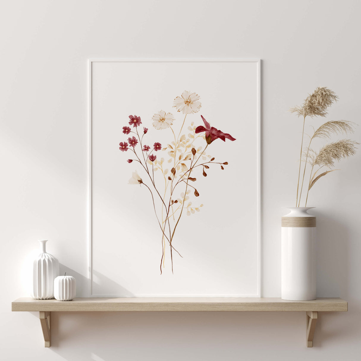 Watercolor burgundy, beige, brown flower print for autumn home decor.