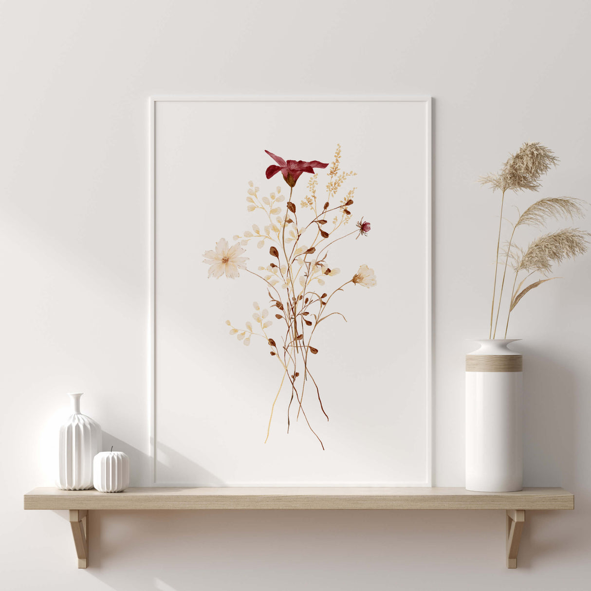 Watercolor burgundy, beige, brown flower print for winter autumn home decor.