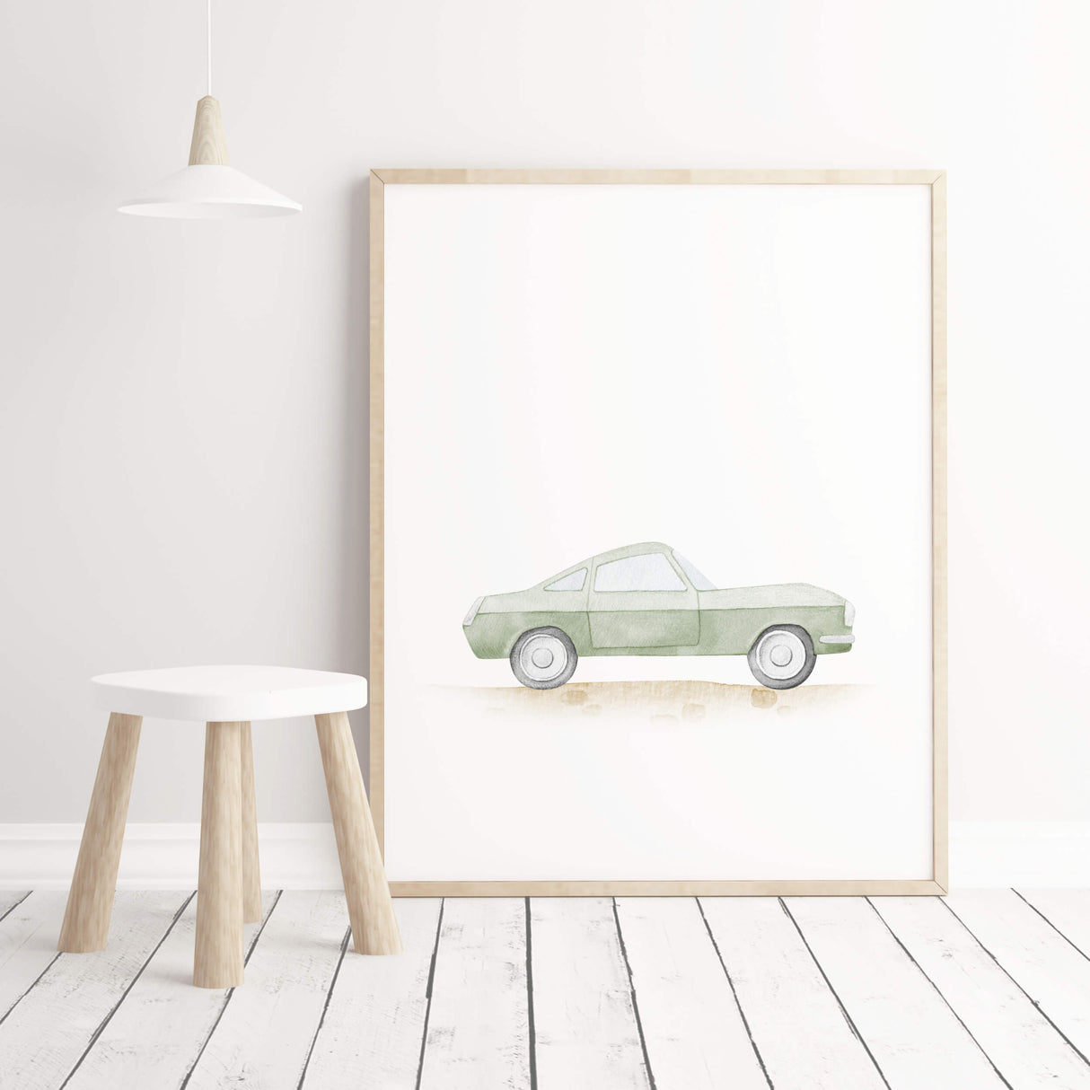 Watercolor sage green vintage car and airplane print with quote for toddler room decor, baby boys room decor.