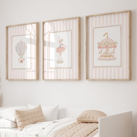 Set of 3 nursery wall art printables featuring carousel ballerina and hot air balloon