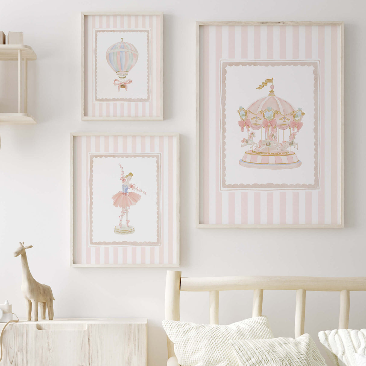 Pastel pink baby room art featuring balloon ballerina and carousel in striped frame