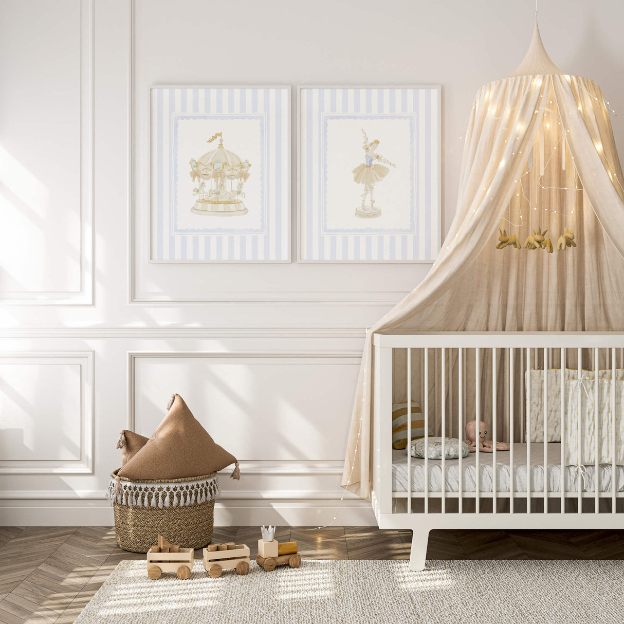 blue striped alphabet wall art for nursery initial letters A to Z baby room printable decor