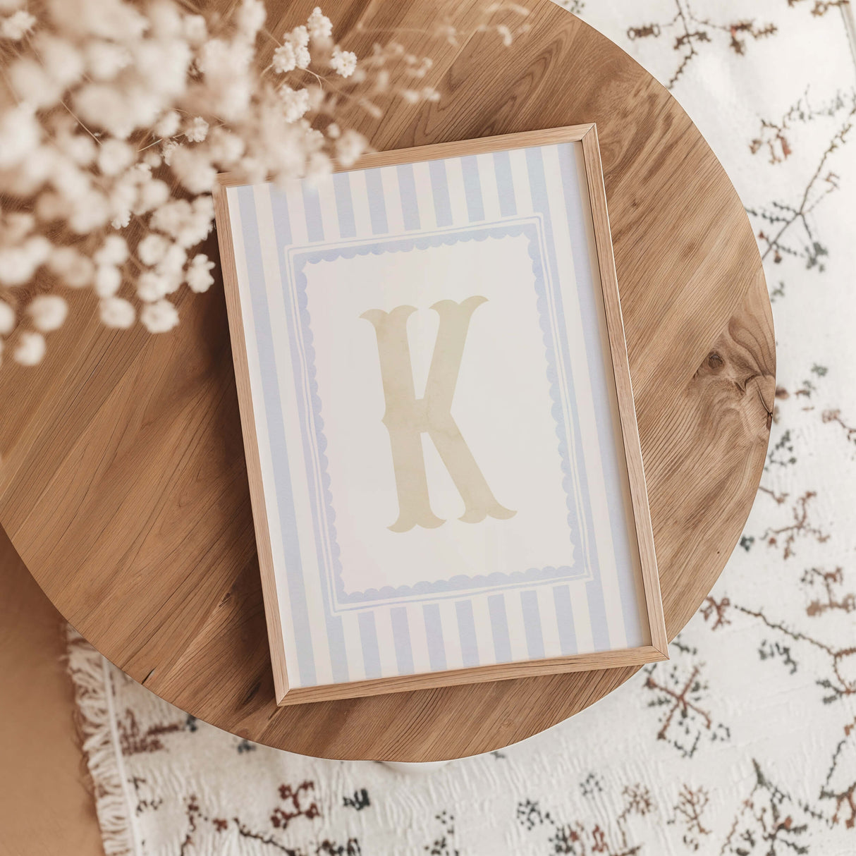 "Beige alphabet letters on blue striped background printable nursery decor"