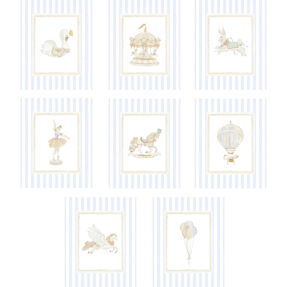 Pastel blue carousel nursery art printable set gender neutral baby decor wall prints