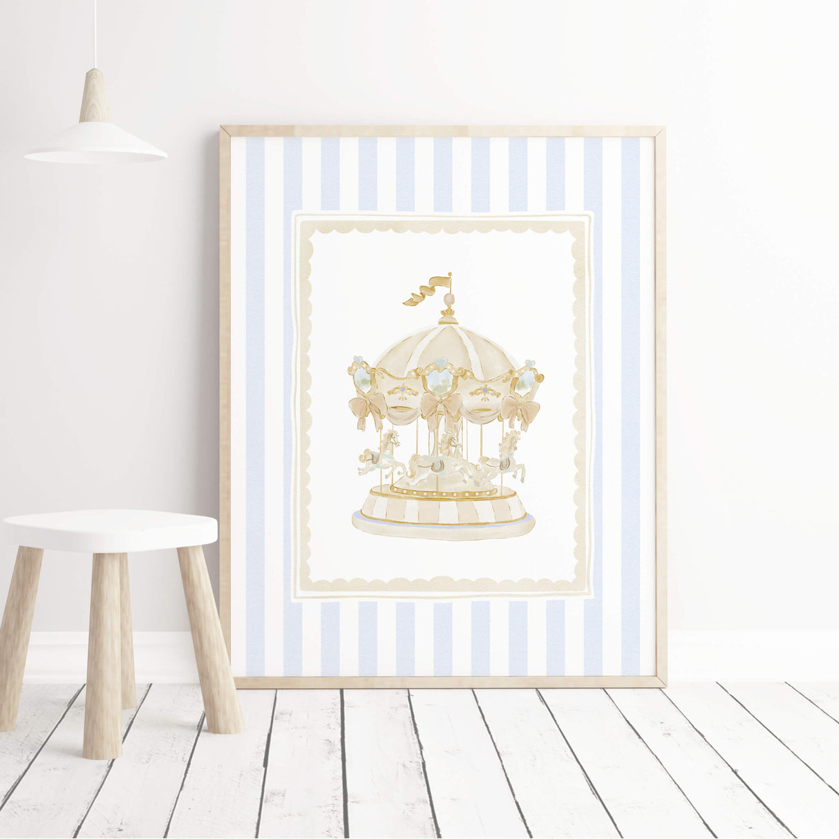 Printable carousel and alphabet letter nursery prints in soft blue and yellow beige stripes for kids room wall art