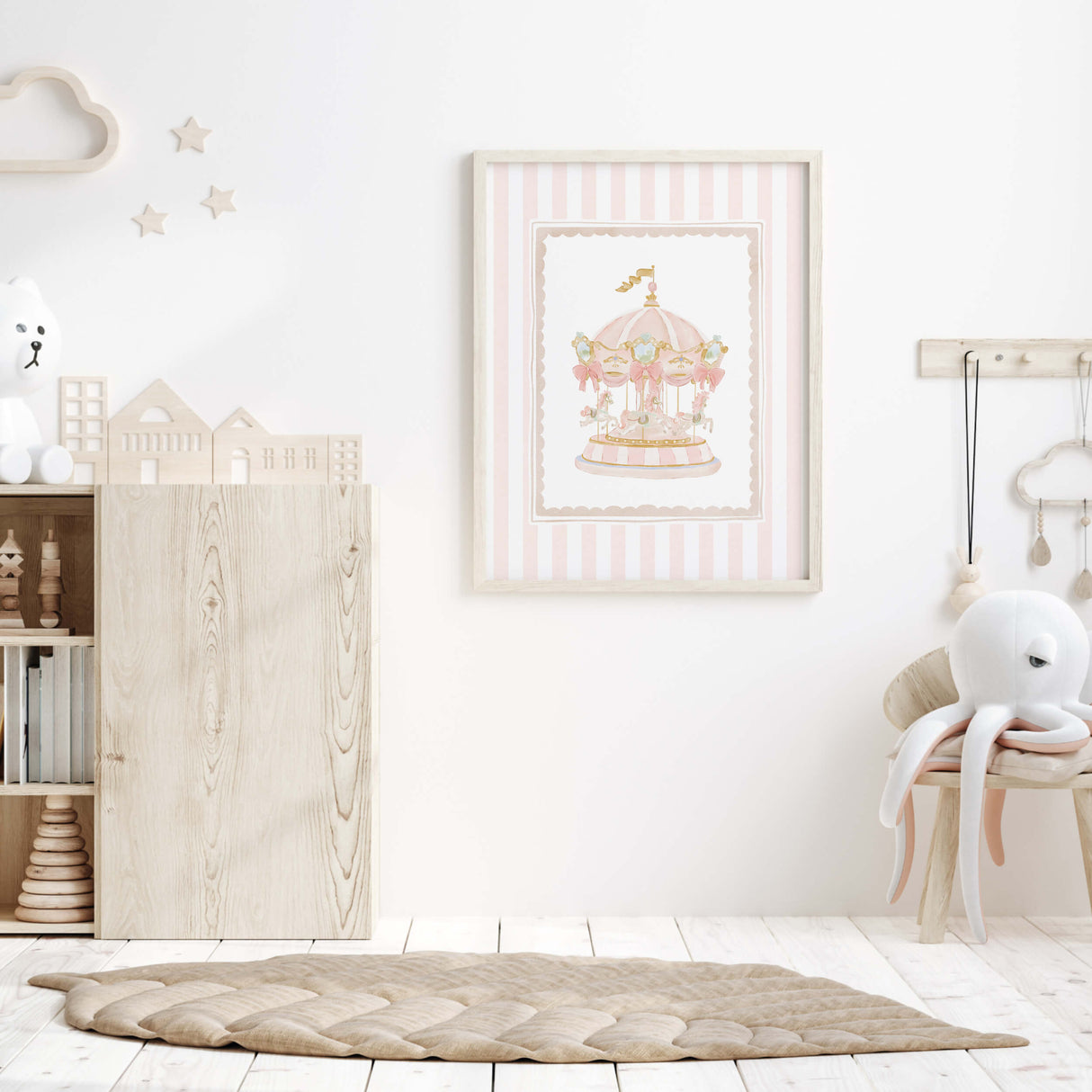 Digital wall art set with pastel pink carousel and hot air balloon for baby room