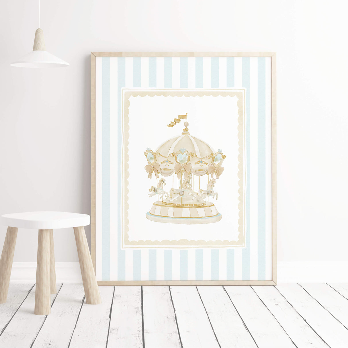"Soft pastel turquoise nursery art bundle including carousel horse ballerina and hot air balloon prints"