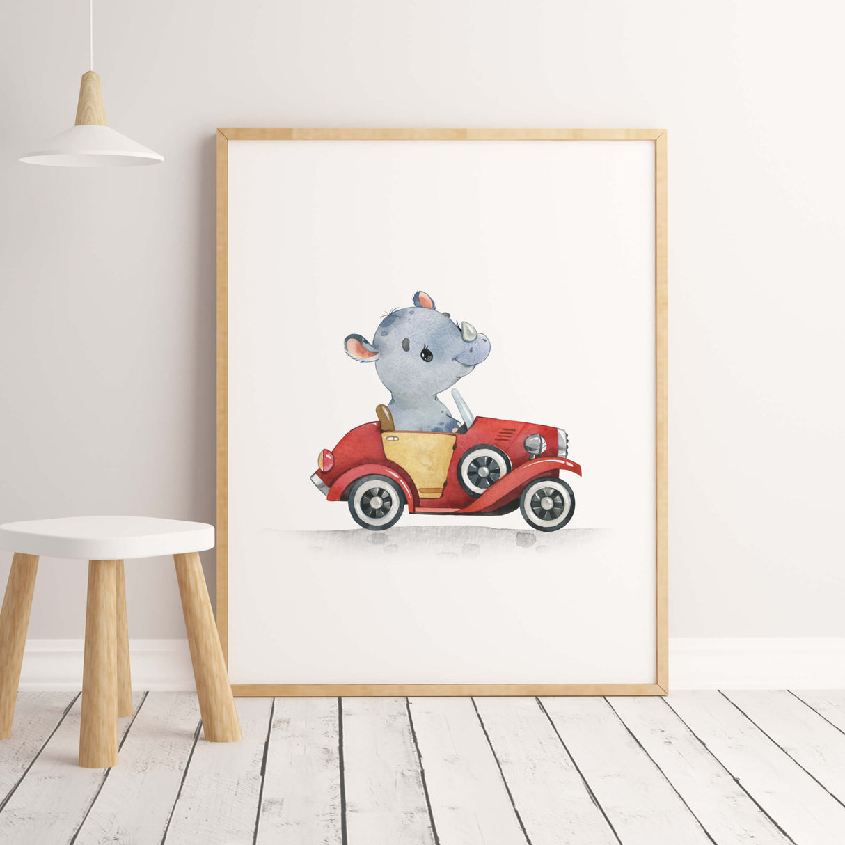 Watercolor cars with hippo print for toddler and boys room decor.