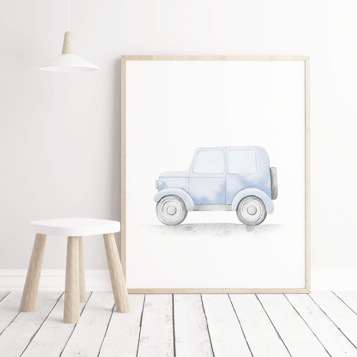 Watercolor light blue vintage car print for toddler room decor, baby boys room decor, blue nursery decor.
