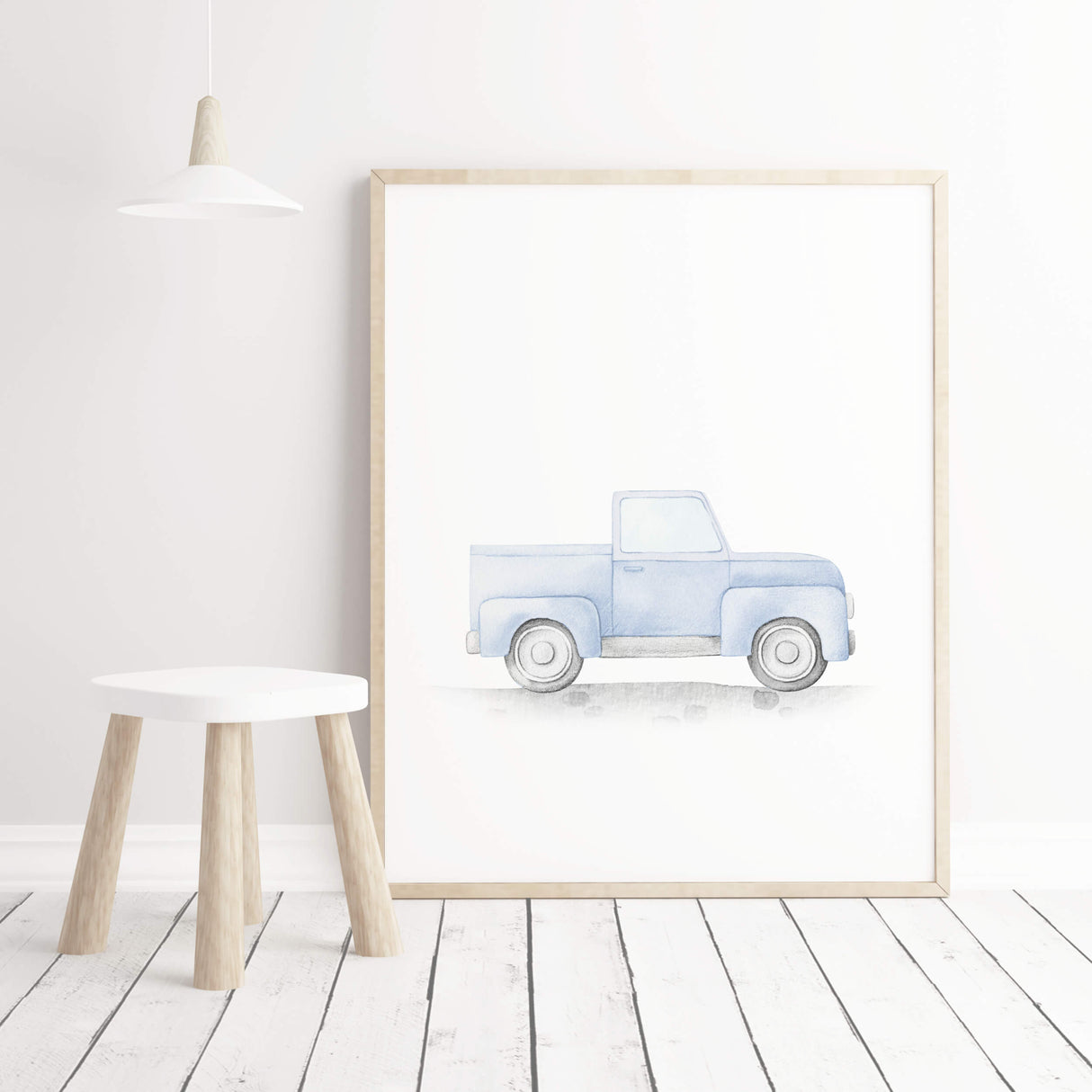 Watercolor blue vintage tow print for baby boys room decor, toddler room decor, blue gray nursery decor.