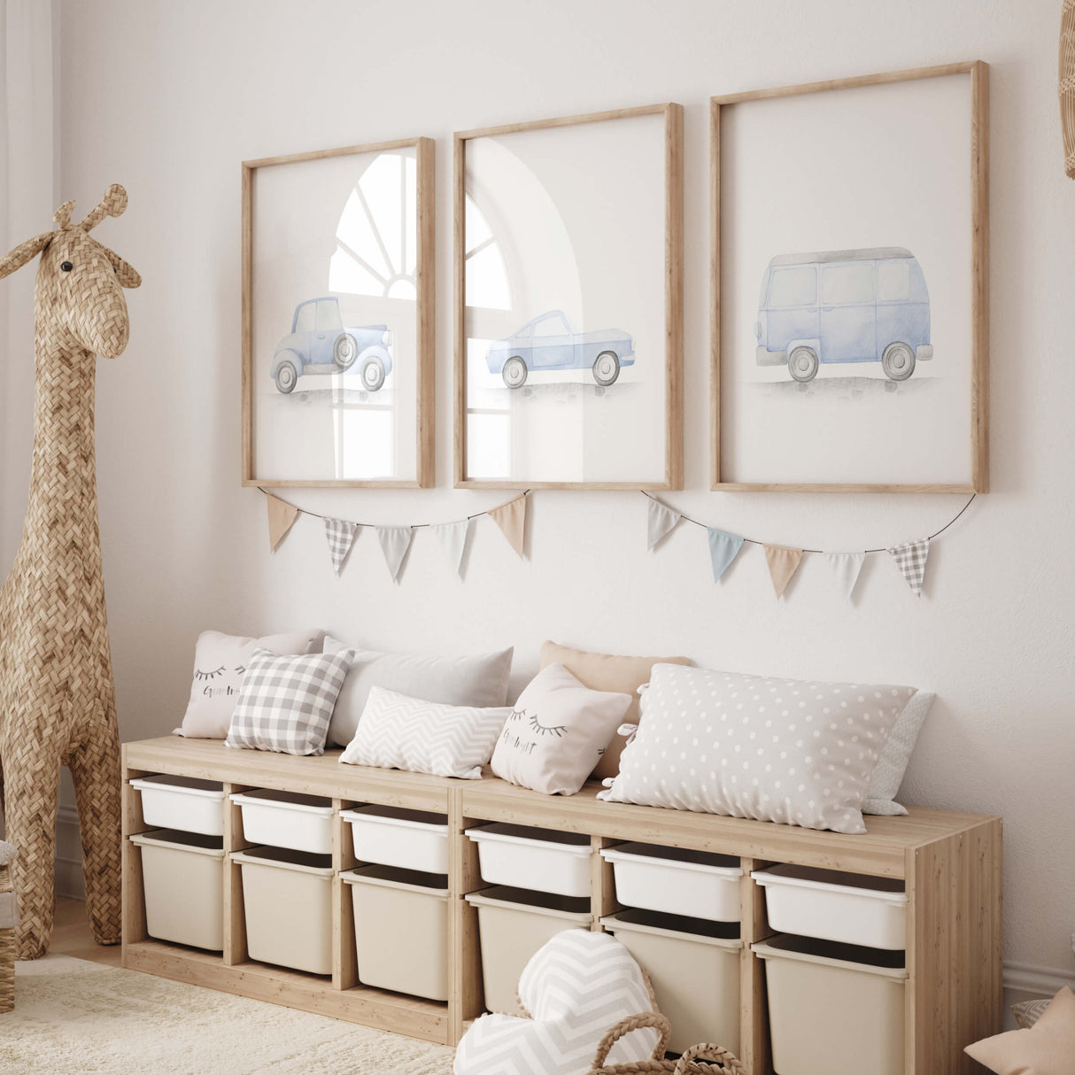 Watercolor light blue vintage car poster for toddler room decor, baby boys room decor, blue nursery decor.