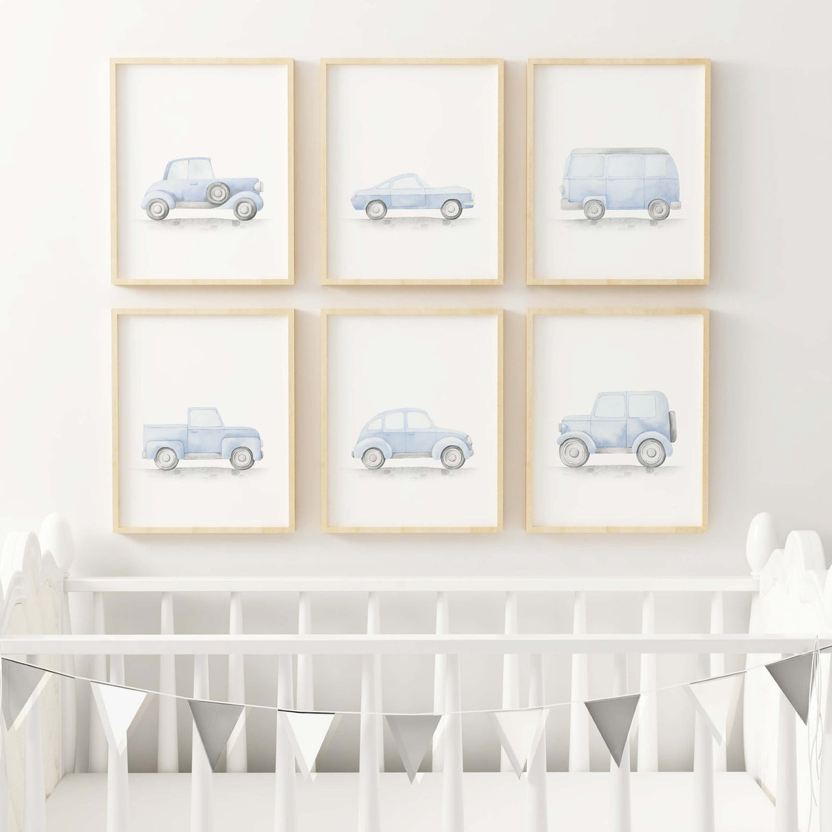 Watercolor light blue vintage car print for toddler room decor, baby boys room decor, blue nursery decor.
