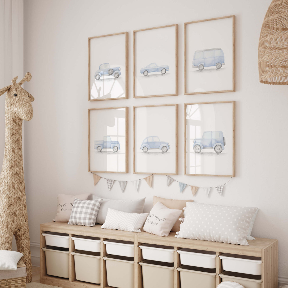 Watercolor blue vintage cars and transport print for baby boys room decor, toddler room decor, blue gray nursery decor.