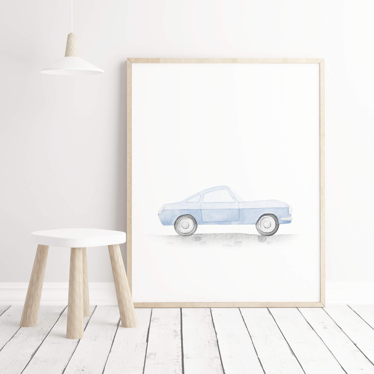 Watercolor blue vintage car print for baby boys room decor, toddler room decor, blue gray nursery decor.