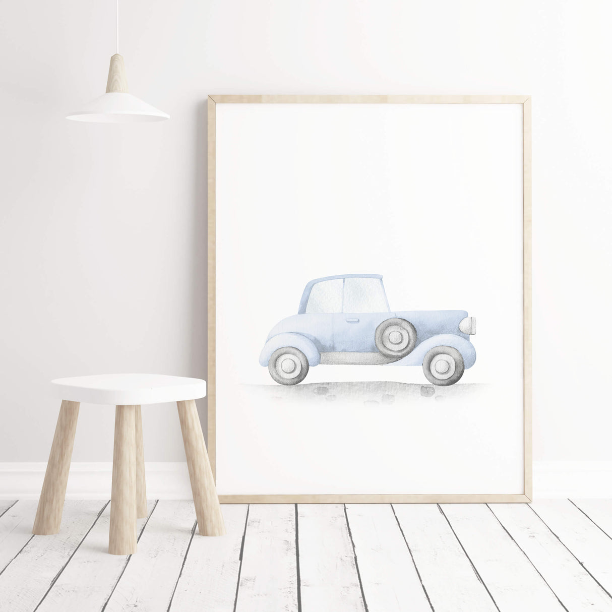 Watercolor light blue vintage car print for toddler room decor, baby boys room decor, blue nursery decor.
