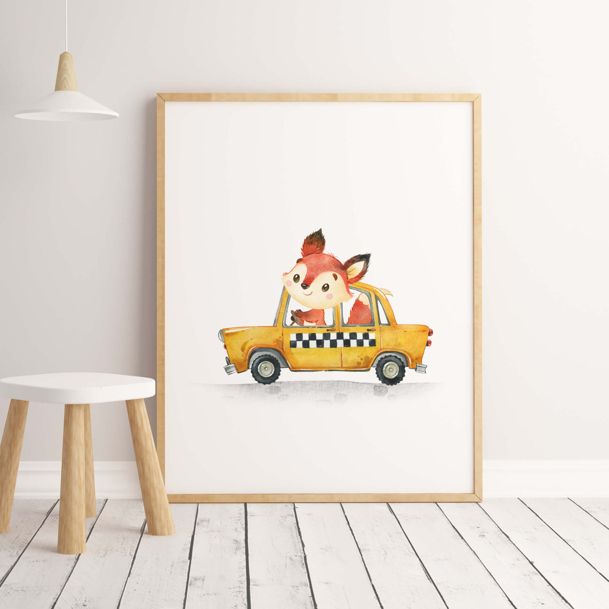 Watercolor cars with fox print for toddler and boys room decor.