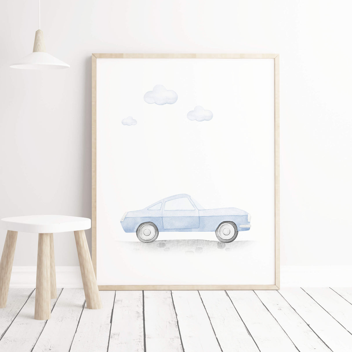 Light blue vintage car poster for baby boys and toddler room decor.