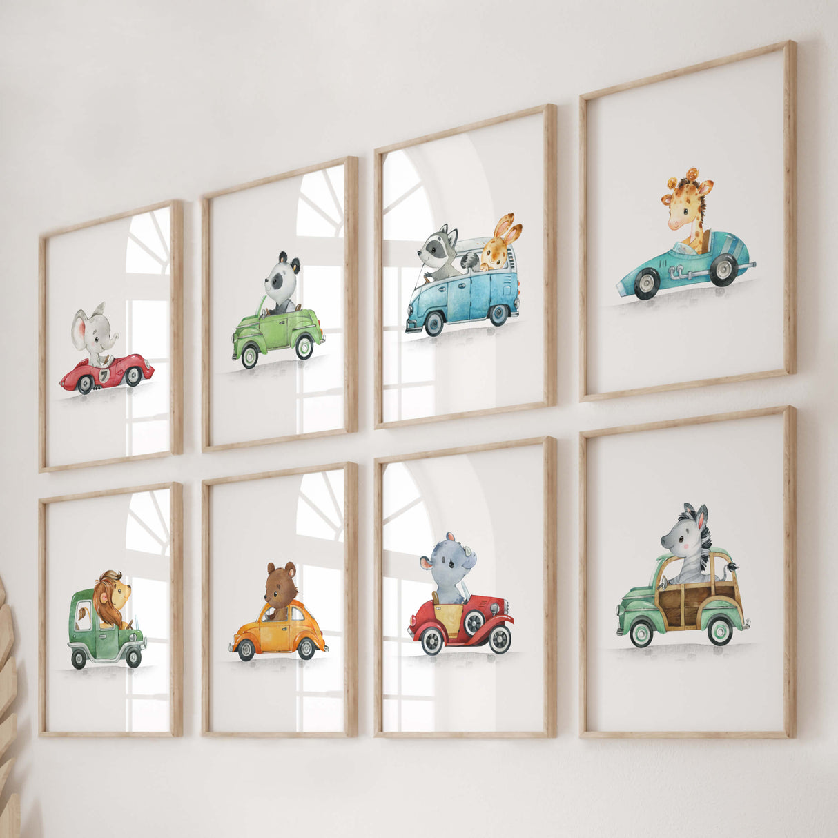 Watercolor cars with animals print for toddler and boys room decor.