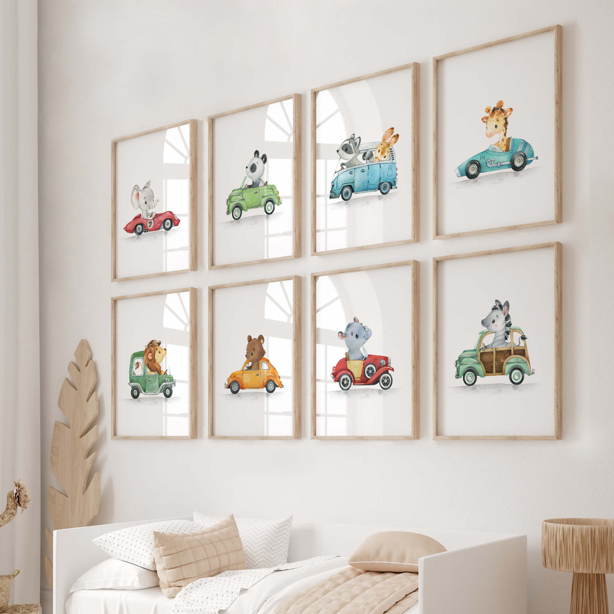 Set of 8 watercolor cars with animals print for toddler and boys room decor.