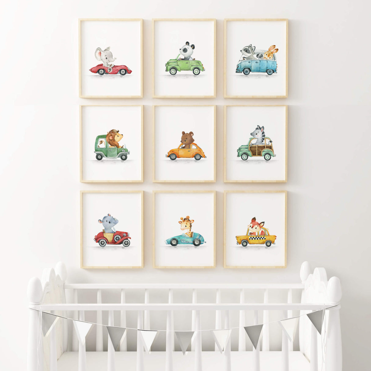 Watercolor cars with animals print for toddler and boys room decor.