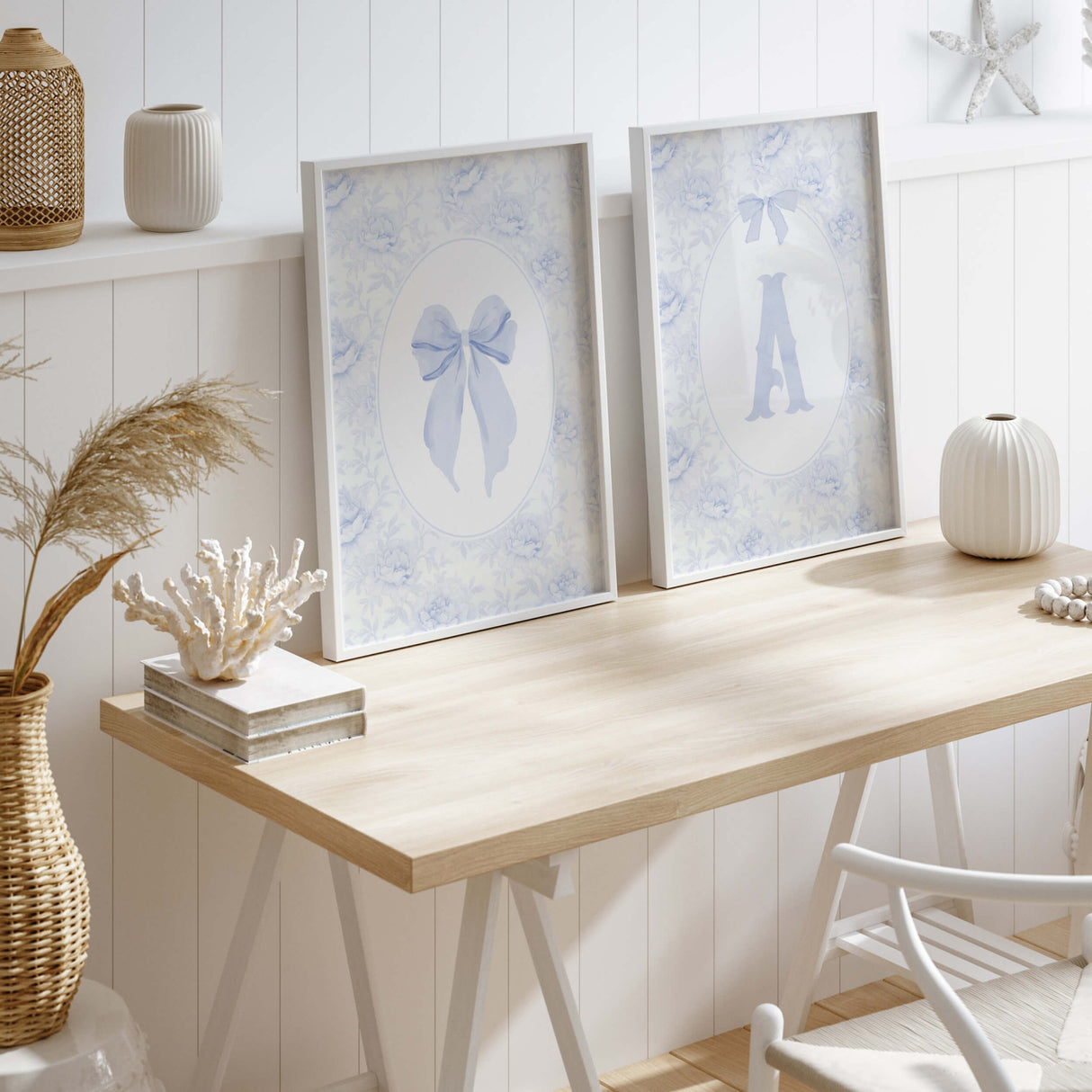 Blue chinoiserie nursery wall art printable with delicate bow illustrations