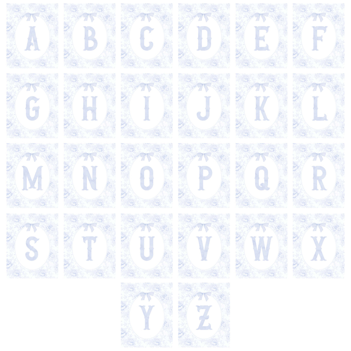 Blue bow nursery decor printable with monogram style alphabet letters