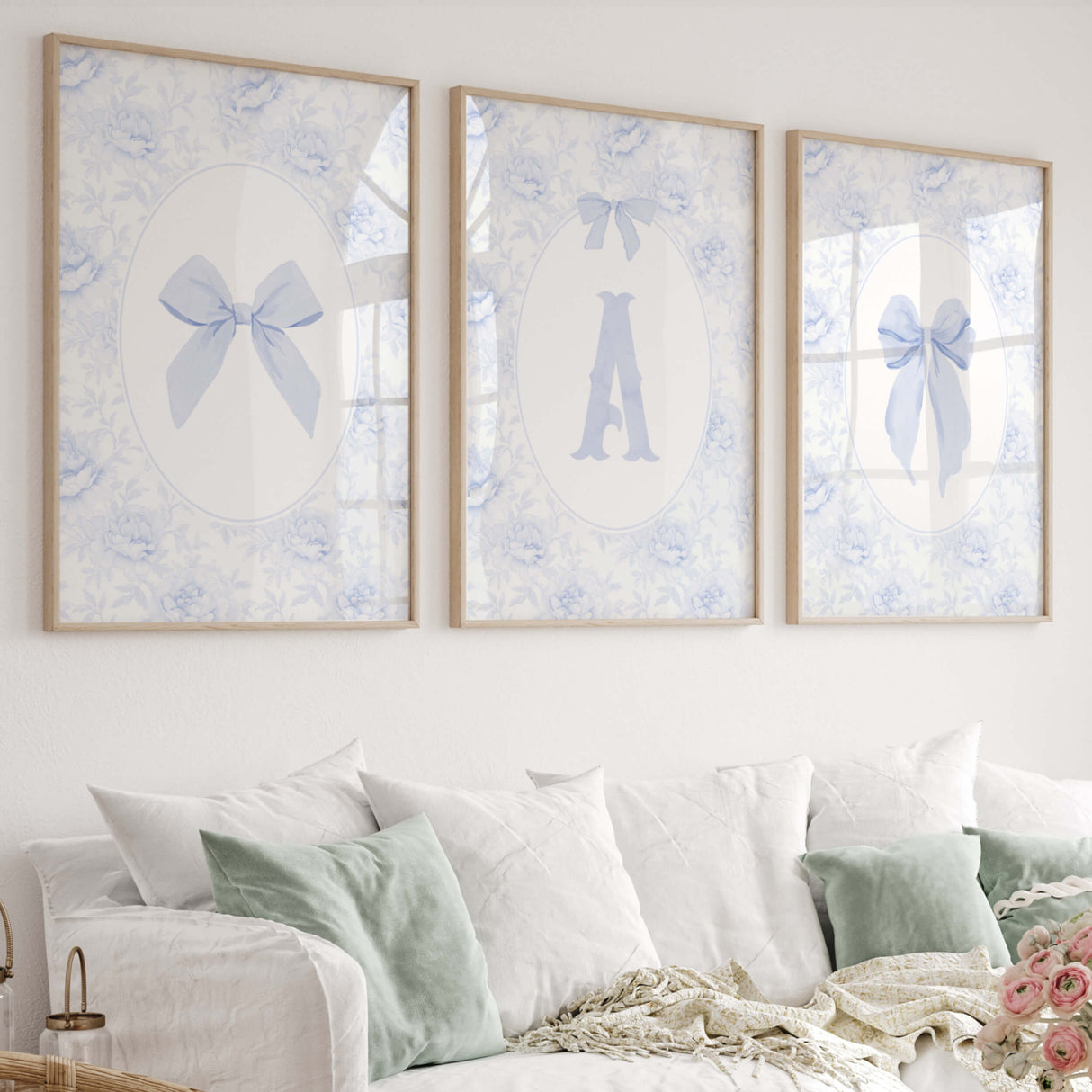 Blue chinoiserie nursery wall art printable with delicate bow illustrations