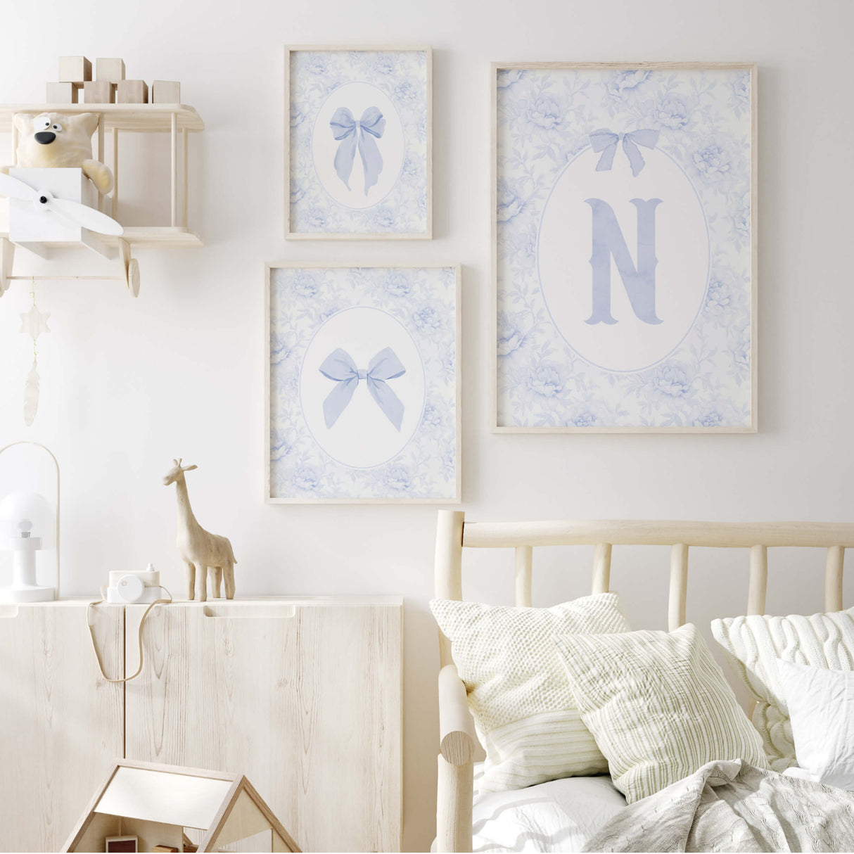 Classic baby room wall art printable with light blue bows and initials