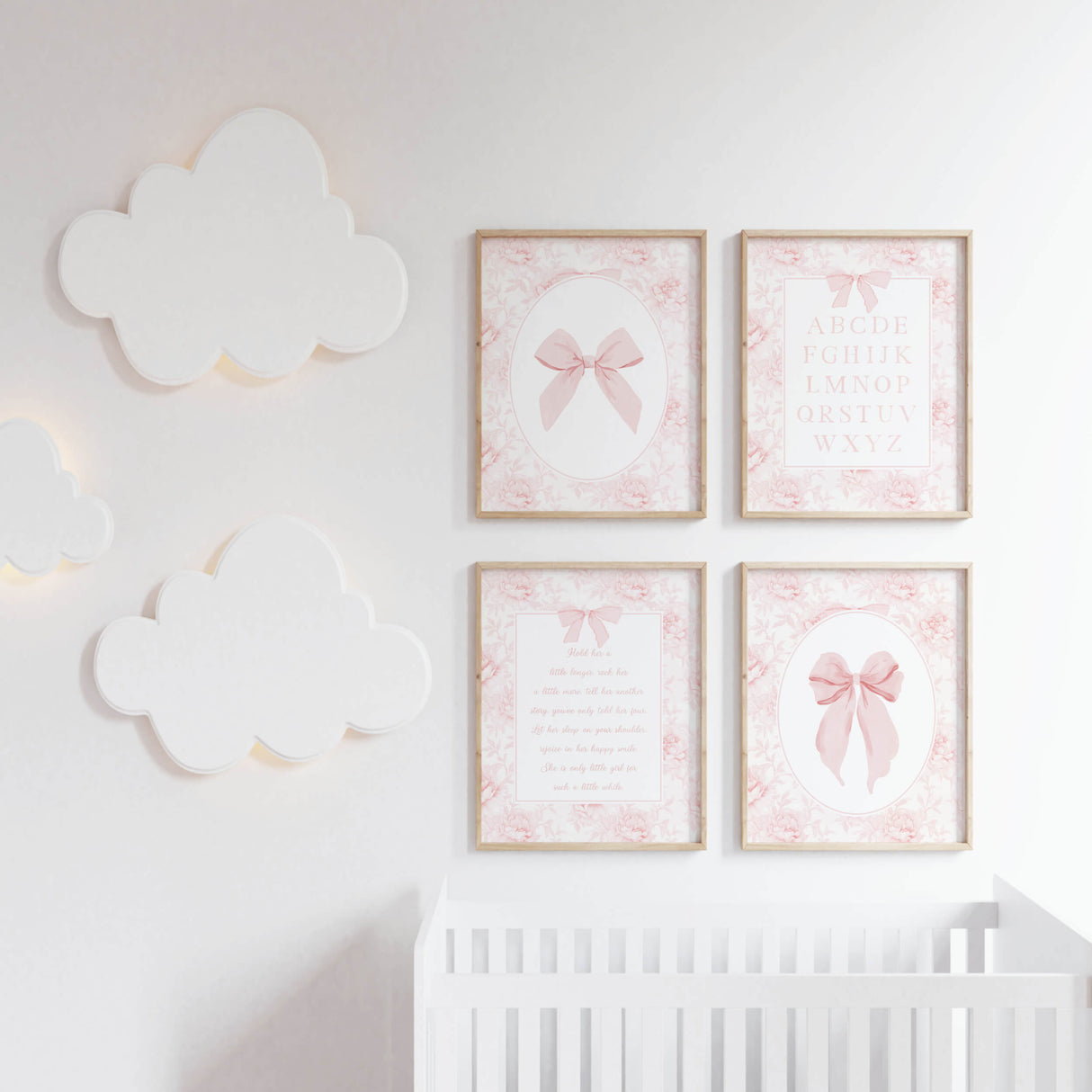 "Pink bow wall art printable alphabet poster for girl nursery floral chinoiserie decor wooden frame baby girl room art coquette aesthetic blush pink artwork"