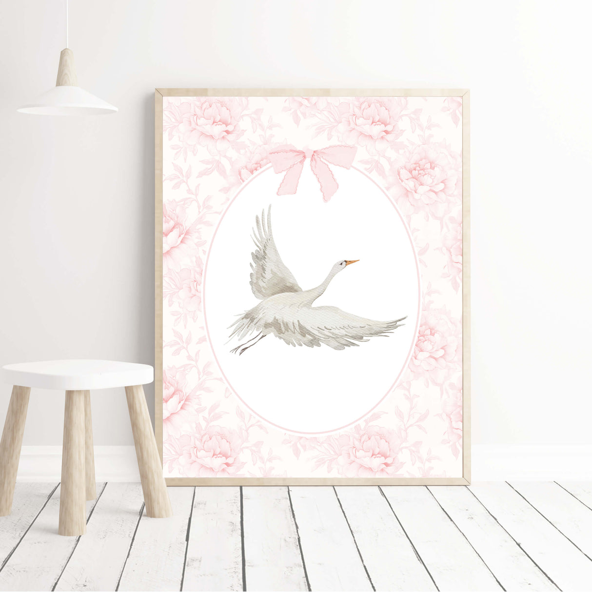 Baby girl nursery wall decor printable with swan illustration and initial letter monogram