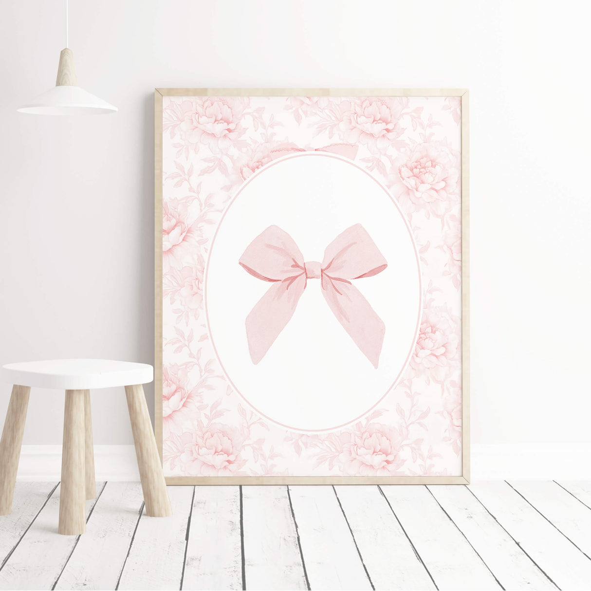 Coquette pink bow poster bundle styled in baby girl bedroom gallery wall