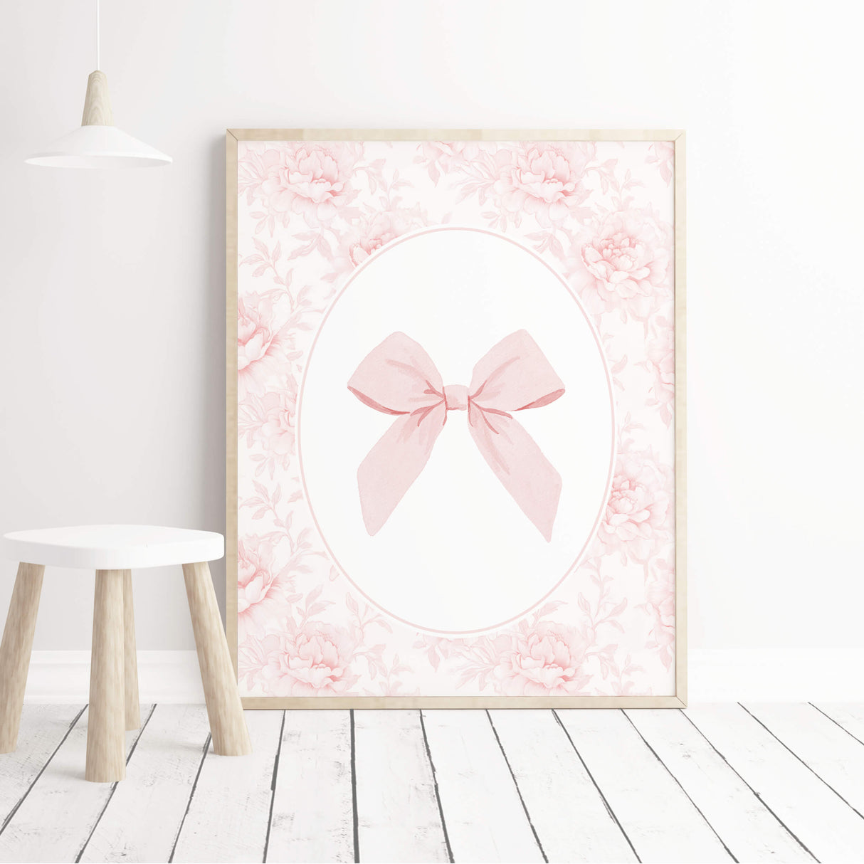 Coquette pink bow poster bundle styled in baby girl bedroom gallery wall