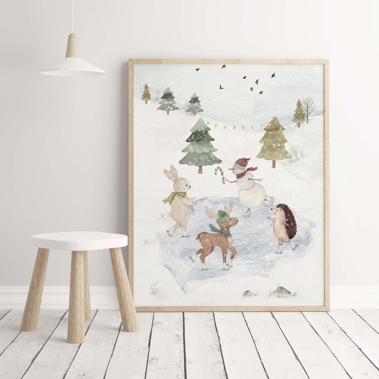 Set of 3 watercolor winter landscape nursery print with woodland animals and ice skating animals for christmas nursery decor.