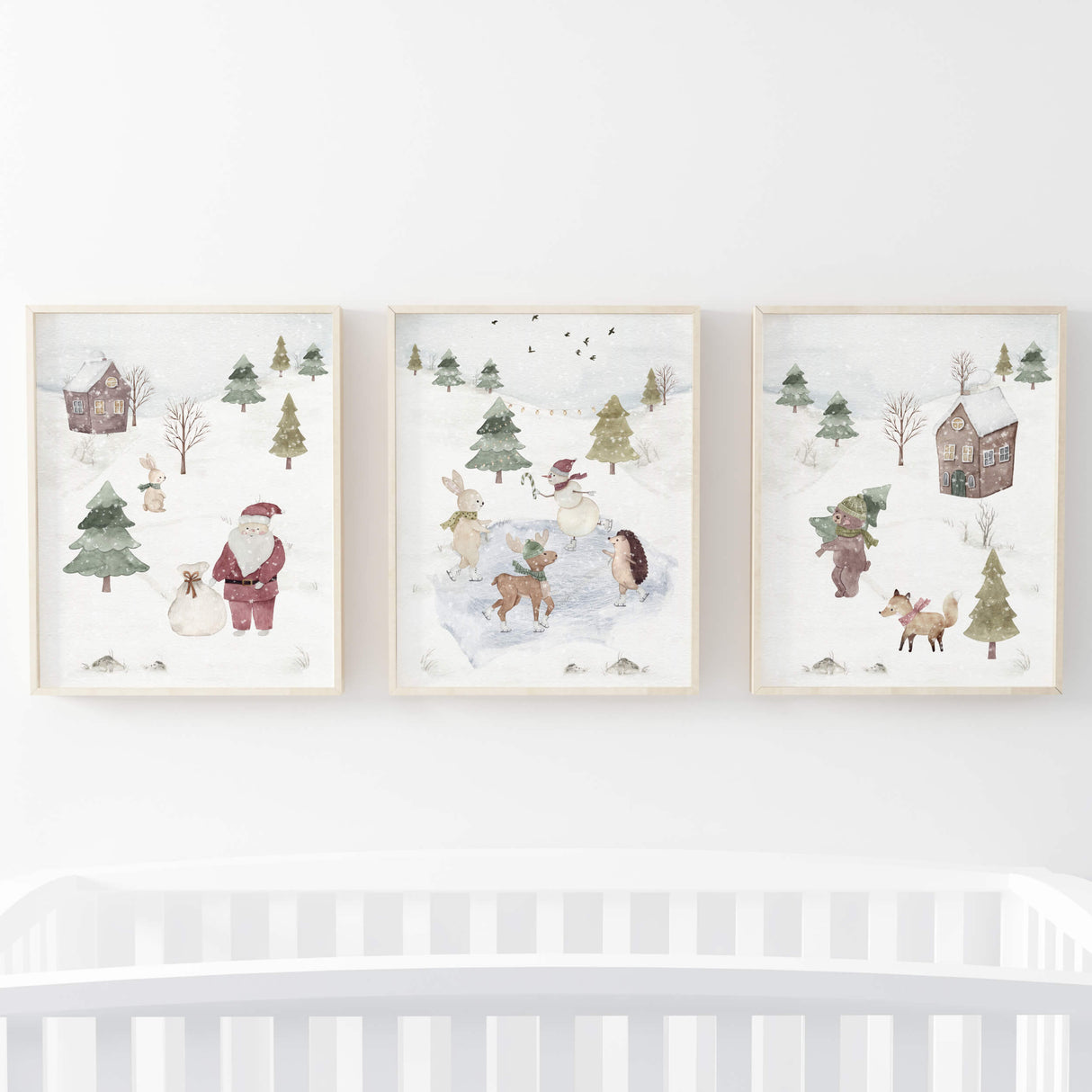 Set of 3 watercolor winter landscape nursery poster with woodland animals and ice skating animals for christmas nursery decor