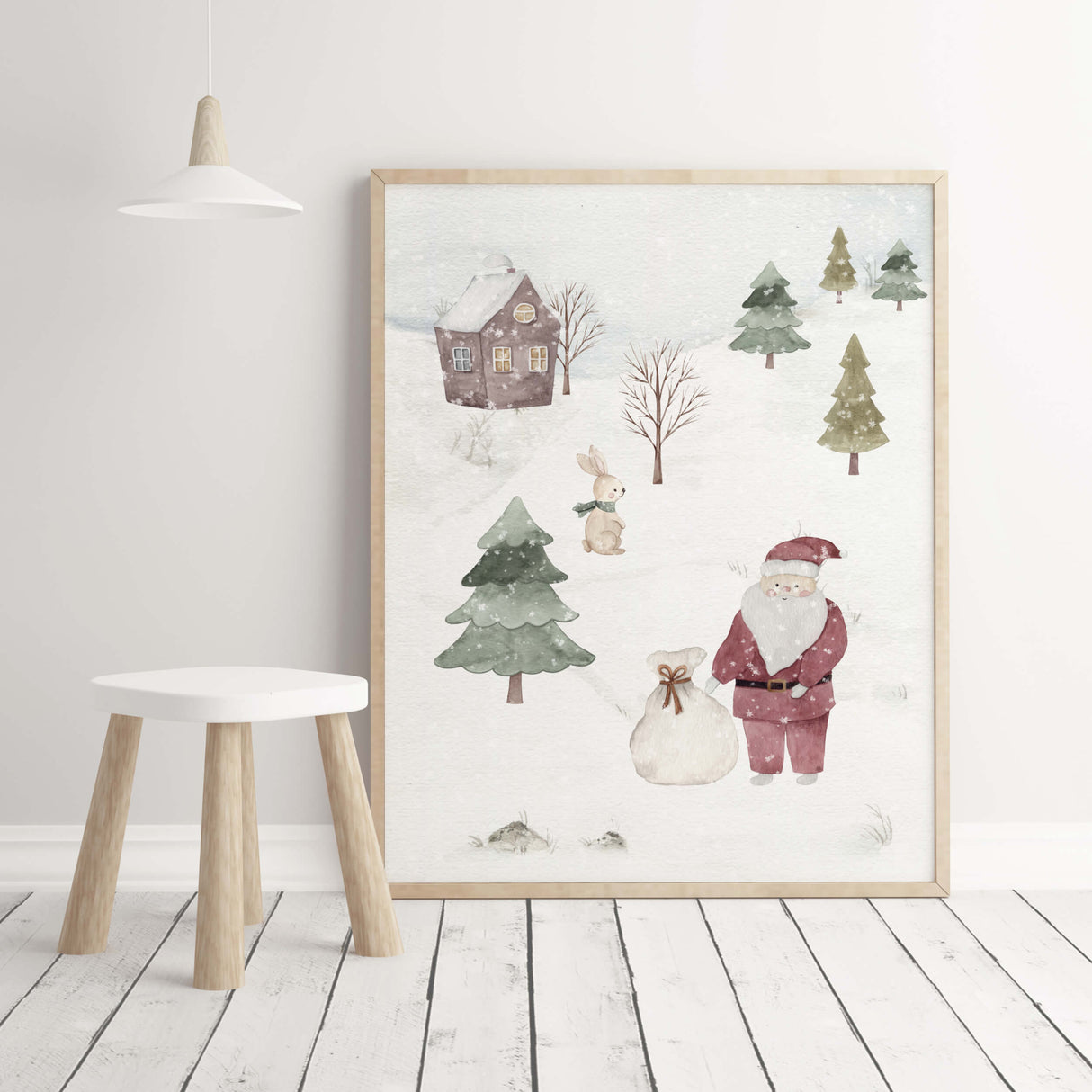 Watercolor winter landscape nursery print with bunny and Santa Claus animals for christmas nursery decor.
