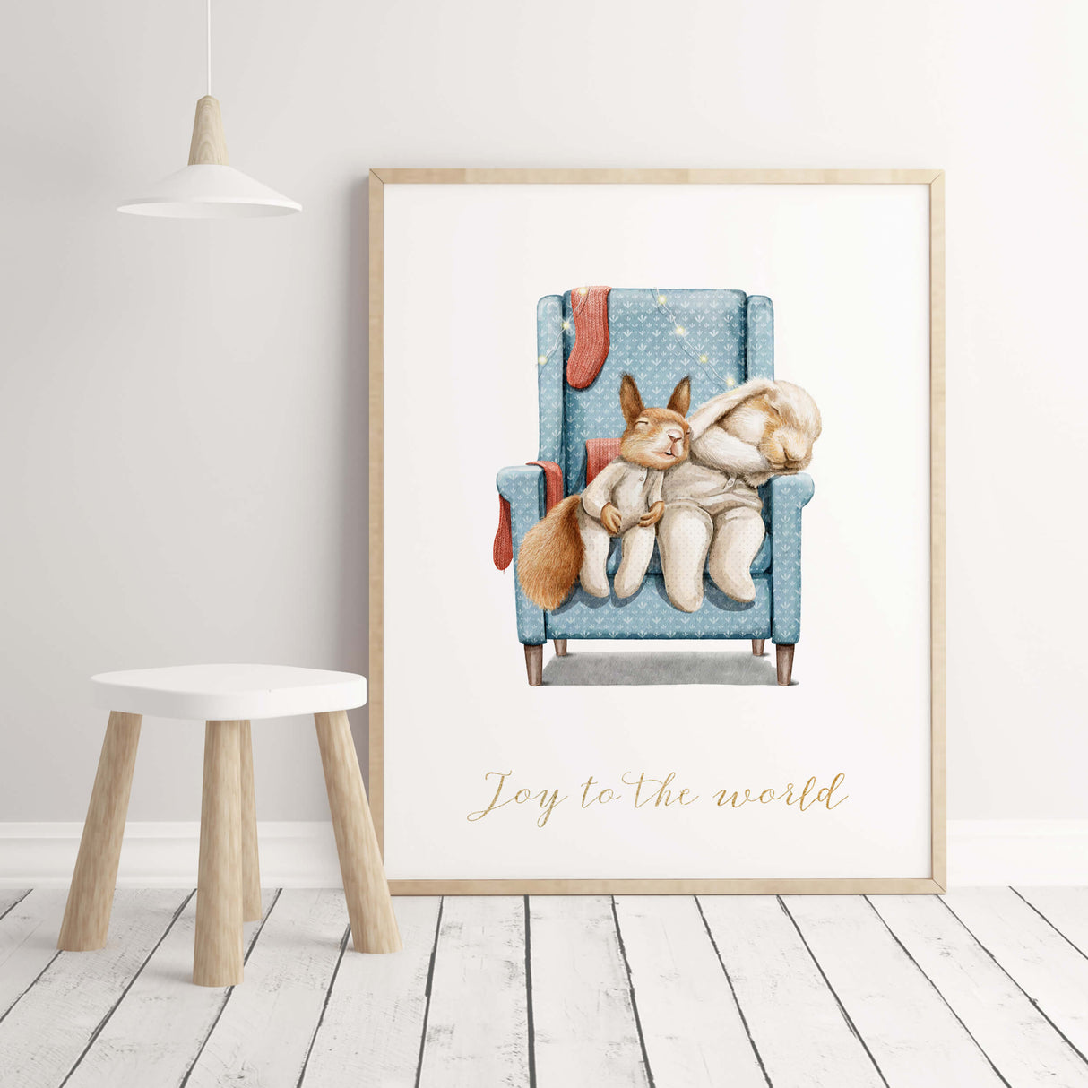 Watercolor vintage christmas nursery poster with bunnys and Joy to the world quote for vintage christmas nursery decor.