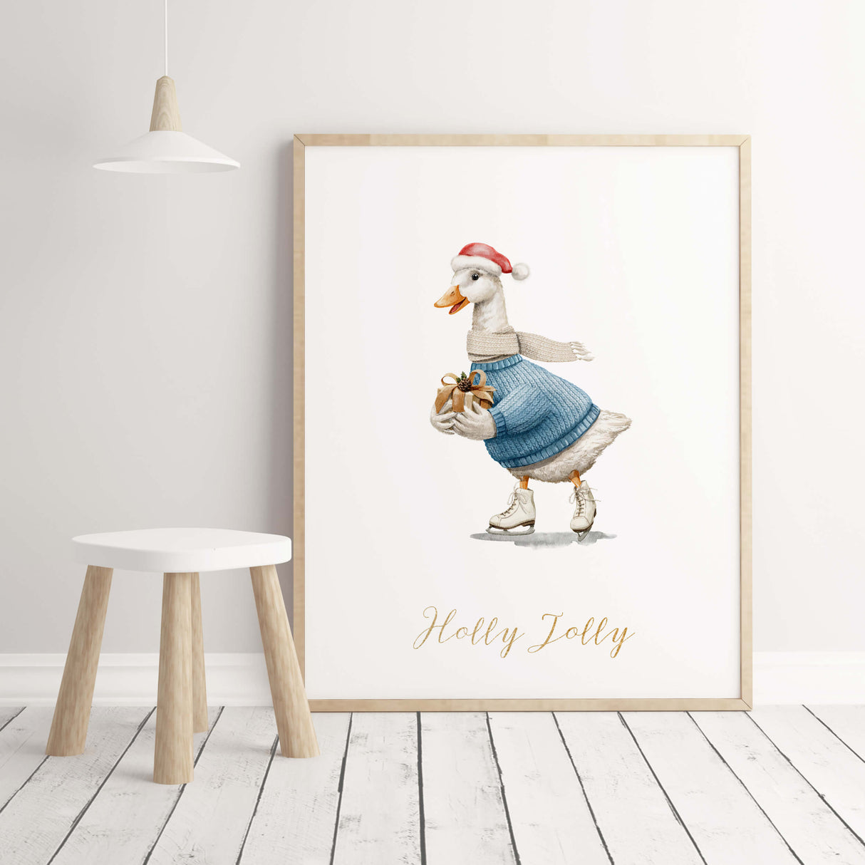 Watercolor vintage christmas nursery print with duck and Holly Jolly quote for vintage christmas nursery decor.