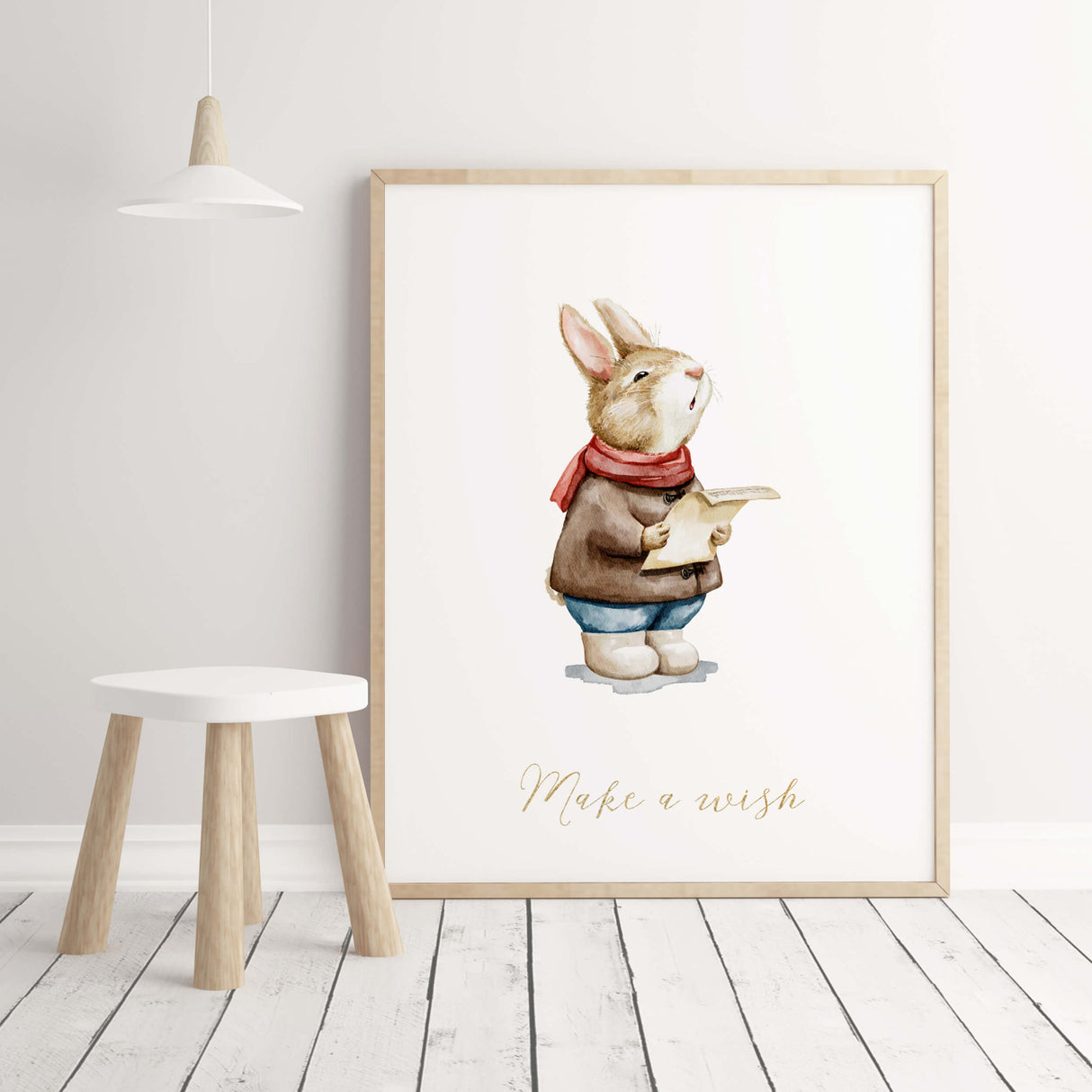 Watercolor vintage christmas nursery print with bunny and Make a wish quote for vintage christmas nursery decor.