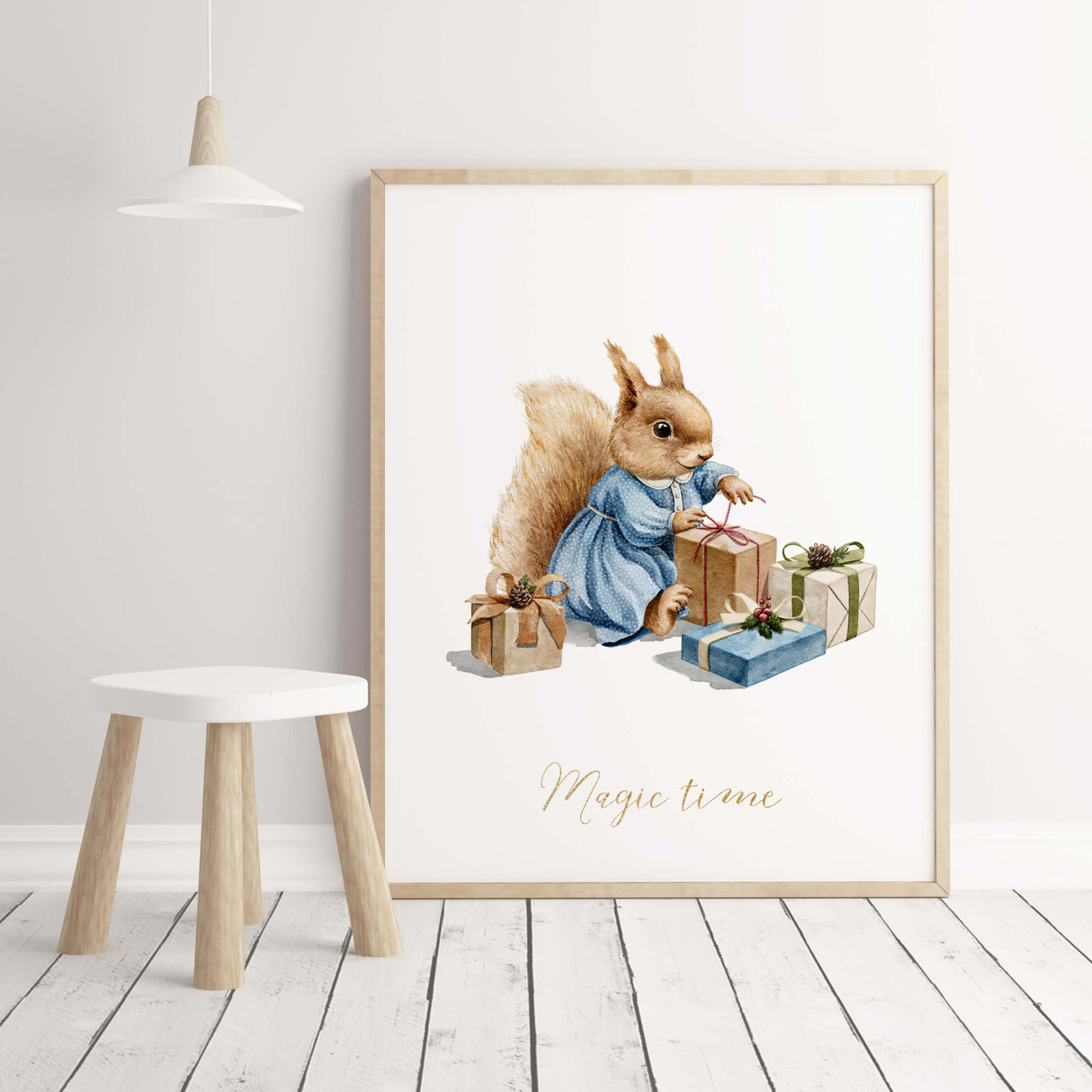 Watercolor vintage christmas nursery print with squirell and Magic time quote for vintage christmas nursery decor.