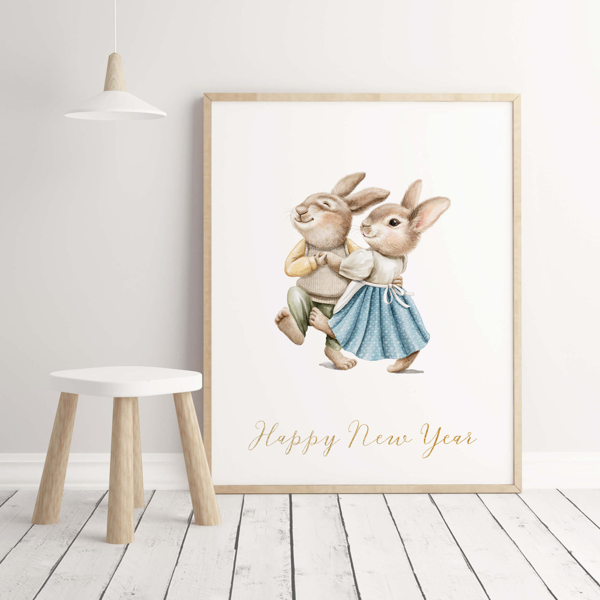Watercolor vintage christmas nursery print with bunnys and Happy New Year quote for vintage christmas nursery decor.