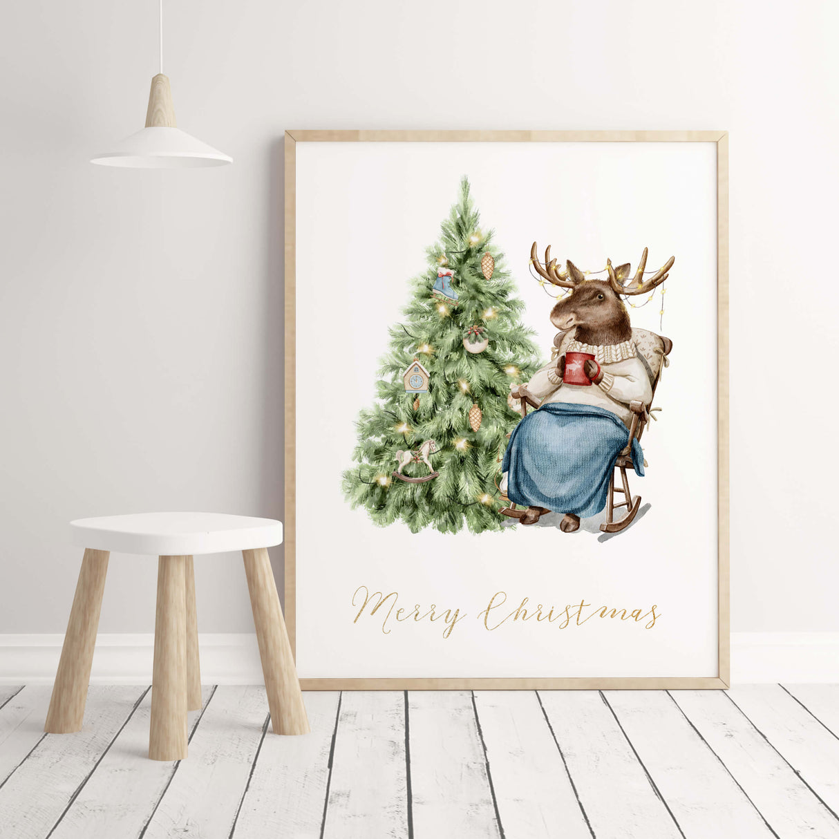 Watercolor vintage christmas nursery print with deer, christmas tree and Merry Christmas quote for vintage christmas nursery decor.