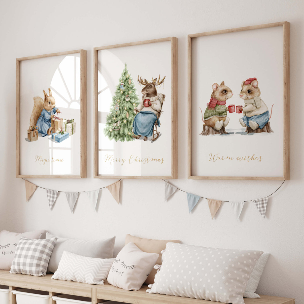 Watercolor set of 3 vintage woodland animals with christmas decor print for winter nursery wall decor.