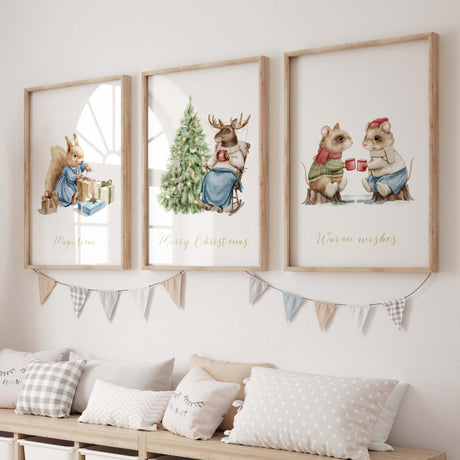 Watercolor set of 3 vintage woodland animals with christmas decor print for winter nursery wall decor.