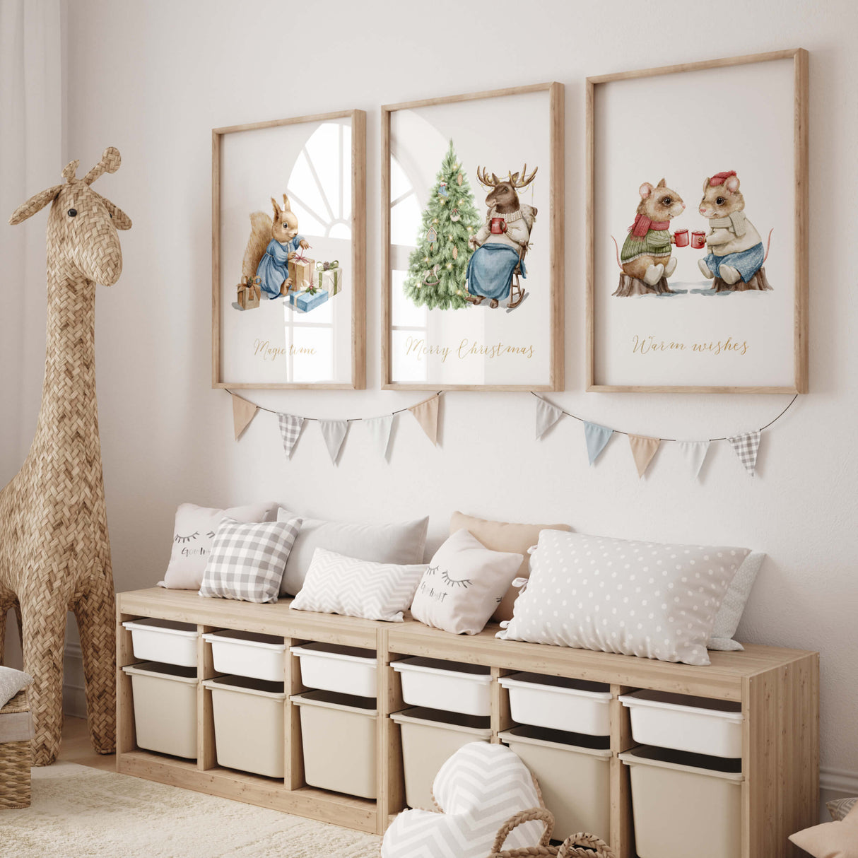 Watercolor set of 3 vintage woodland animals with christmas decor print for winter nursery wall decor.