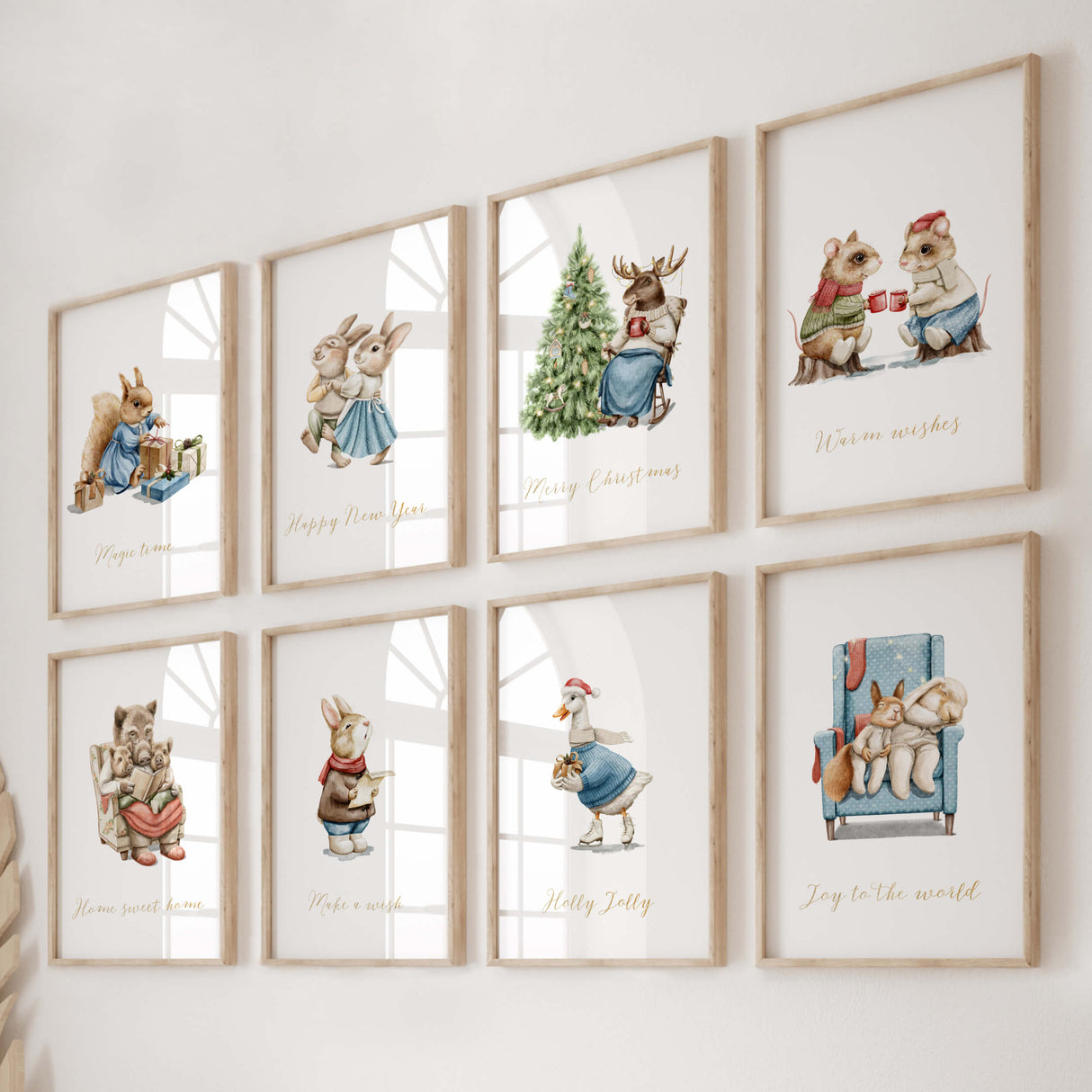 Watercolor vintage christmas nursery printable with bunnys, squirells, wild boars, deer, duck, rats and quote print for vintage christmas nursery decor, includes quote: Merry Christmas, Happy New Year, Magic time, Warm wishes, Home sweet home, Make a wish, Holly Jolly, Joy to the world