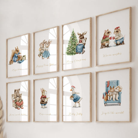 Watercolor vintage christmas nursery printable with bunnys, squirells, wild boars, deer, duck, rats and quote print for vintage christmas nursery decor, includes quote: Merry Christmas, Happy New Year, Magic time, Warm wishes, Home sweet home, Make a wish, Holly Jolly, Joy to the world