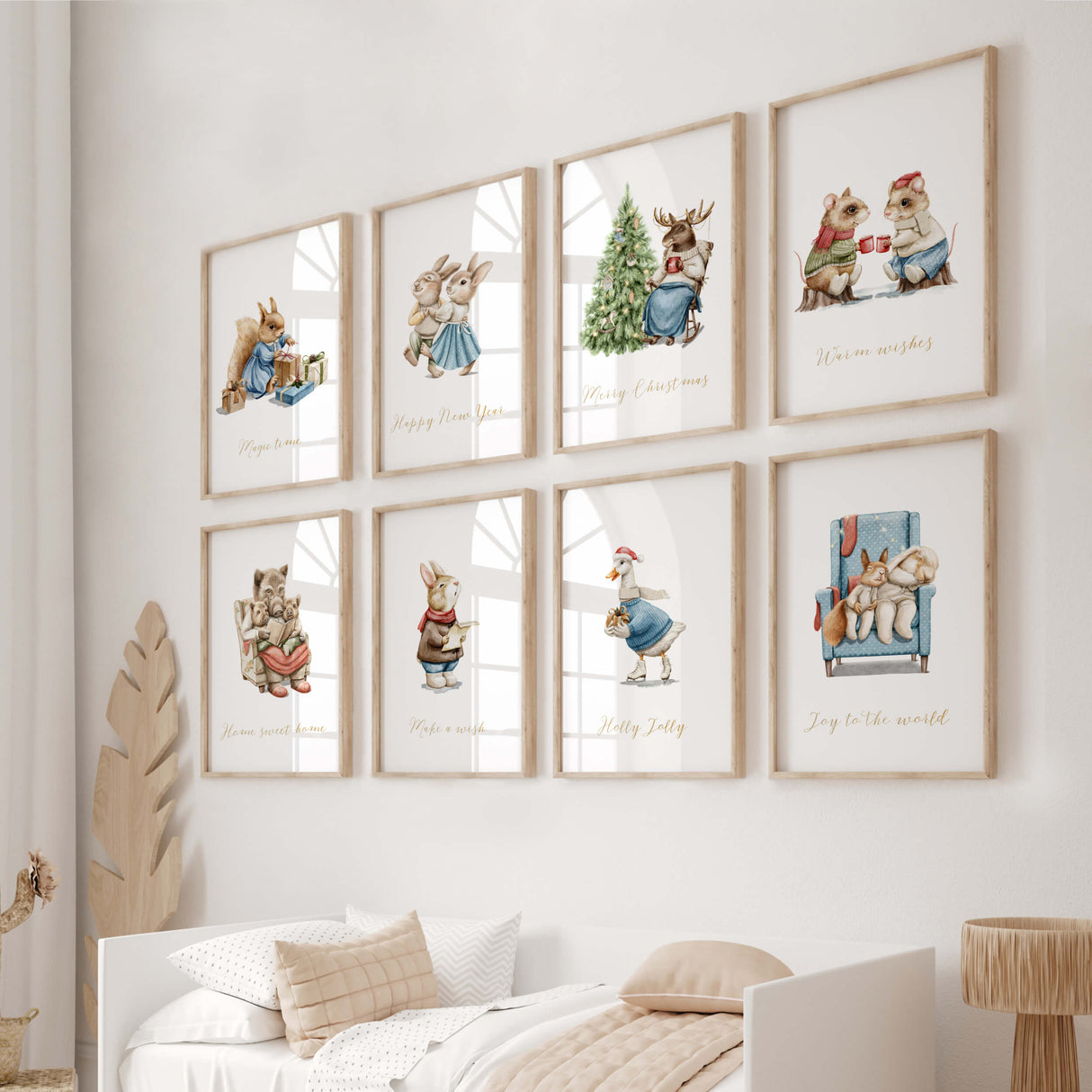 Watercolor vintage christmas nursery print with bunnys, squirells, wild boars, deer, duck, rats and quote print for vintage christmas nursery decor, includes quote: Merry Christmas, Happy New Year, Magic time, Warm wishes, Home sweet home, Make a wish, Holly Jolly, Joy to the world