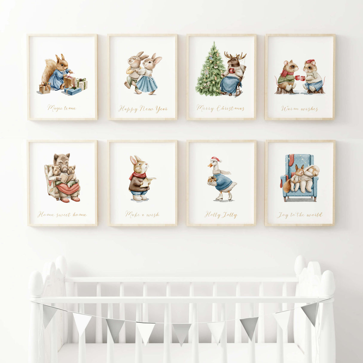Watercolor vintage christmas nursery printable with bunnys, squirells, wild boars, deer, duck, rats and quote print for vintage christmas nursery decor, includes quote: Merry Christmas, Happy New Year, Magic time, Warm wishes, Home sweet home, Make a wish, Holly Jolly, Joy to the world